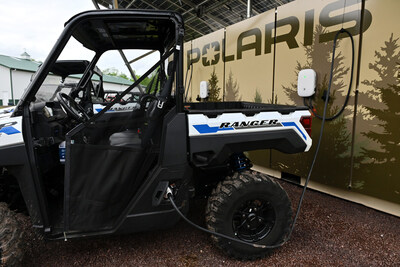 An all-electric Polaris RANGER XP Kinetic off-road vehicle charging at one of the four new off-road charging stations in Michigan's Upper Peninsula. (Photo by Daniel Boczarski/Getty Images for Polaris)