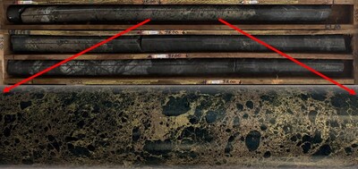 Figure 5: DDH2416T001 breccia sulphide mineralization at T16 target (94.5 – 98.4m shown (top). Close-up at 95.0m). (CNW Group/Bravo Mining Corp.)