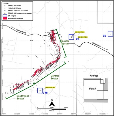 Figure 6: Location of Bravo Drilling at the T5 and T16 targets, reported in this News Release (CNW Group/Bravo Mining Corp.)
