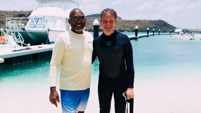 Renowned aquanaut Fabien Cousteau and Sandals’ Corporate Director of Watersports, Michael Clarke, at Sandals Royal Curaçao following an exploratory dive to collect data for the advancement of PROTEUS™ – a multi-purpose underwater habitat to be developed a few nautical miles from the resort’s location on Curaçao.