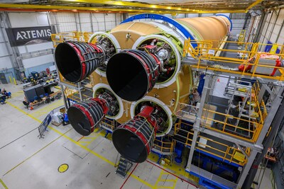 The core stage is the backbone of the SLS (Space Launch System) rocket that will help power NASA’s Artemis II mission to send a crew of four astronauts around the Moon in 2025. Here, the core stage is currently behind scaffolding to allow work to continue at NASA’s Michoud Assembly Facility in New Orleans. The stage’s two massive propellant tanks hold a collective 733,000 gallons of liquid propellant to power the four RS-25 engines at its base. Following hardware acceptance reviews and final checkouts, the stage will be readied for delivery via the agency’s Pegasus barge to NASA’s Kennedy Space Center in Florida for Artemis II launch preparations. (NASA/ Eric Bordelon)