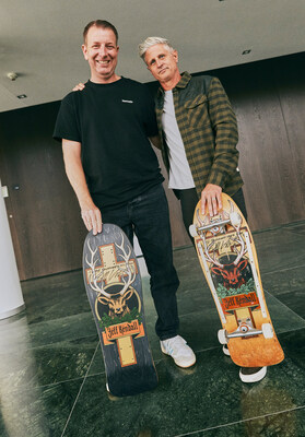 Caption: From left: Sven Schindler, Head of Global Brand & Digital Marketing at Mast-Jgermeister SE and Jeff Kendall, CEO at Santa Cruz Skateboards, show the new edition (left) and the original Jeff board from the 1990s (right).