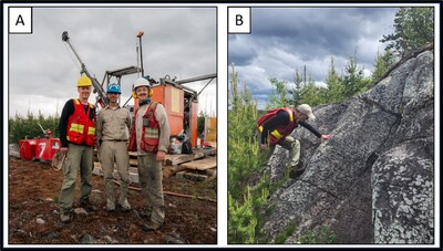 Figure 2: a) From left to right, Steve Beresford, Ken Williamson and Adam Findley, in front of the drill, currently on PN-24-063, b) Steve Beresford observing cumulate textures within the dunite unit found at Lion Zone. (CNW Group/Power Nickel Inc.)