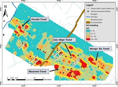 Figure 2:  Illustration of Imbo East soil geochemistry, plus other key exploration elements (CNW Group/Loncor Gold Inc.)