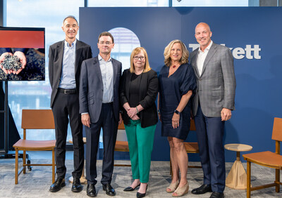 From left: Arnaud Marquis, sustainability officer, Tarkett Group; Fabrice Barthelemy, chief executive officer, Tarkett Group; Joanne Rodriguez, founder, Mycocycle; Roxane Spears, vice president of sustainability, Tarkett North America; Eric Daliere, chief executive officer, Tarkett North America.