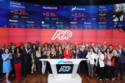 ADP a souligné son 75e anniversaire en sonnant la cloche d’ouverture du centre NASDAQ MarketSite le lundi 10 juin 2024.