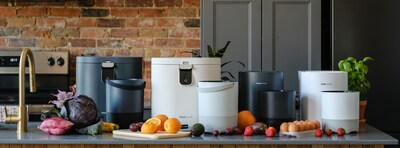 The flagship FoodCycler Eco 5 model in grey and white (left) and the soon-to-be-released compact FoodCycler Eco 3 model in grey and white (right)