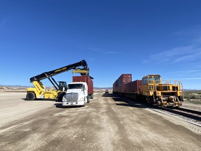 The first containers arrive for transload at the Port of Nevada.