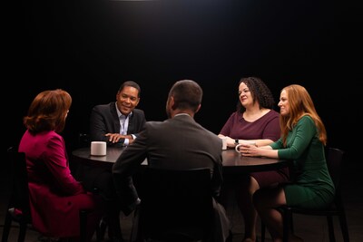 On the set of “Breaking Barriers: Embracing Age in the Workforce,” moderator Rob Nelson, host of “Morning Rush” for Scripps News (second from left), is joined in a roundtable discussion (from left to right) by Dianne Primavera, lieutenant governor of Colorado; Taylor McLemore, founder and CEO, Future Ventures; Diana Caba, vice president, community and economic development, Hispanic Federation; and Carly Roszkowski, vice president, financial resilience, AARP. (PRNewsfoto/WorkingNation)