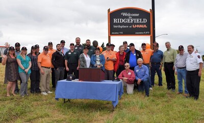 The Ridgefield "birthplace of U-Haul" sign dedication, circa 2015, presented to the city as part of the Company's 70th anniversary celebration. U-Haul plans to open its first full-service Company store in Ridgefield by 2026.