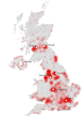 Hotspots showing the fast-growth of synthetic Frankenstein identities across the UK