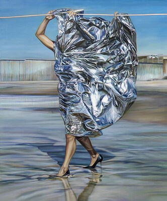 On the Line, painting by Ana Theresa Fernandez, 2023, at the Floating Art Museum in Alameda, California
