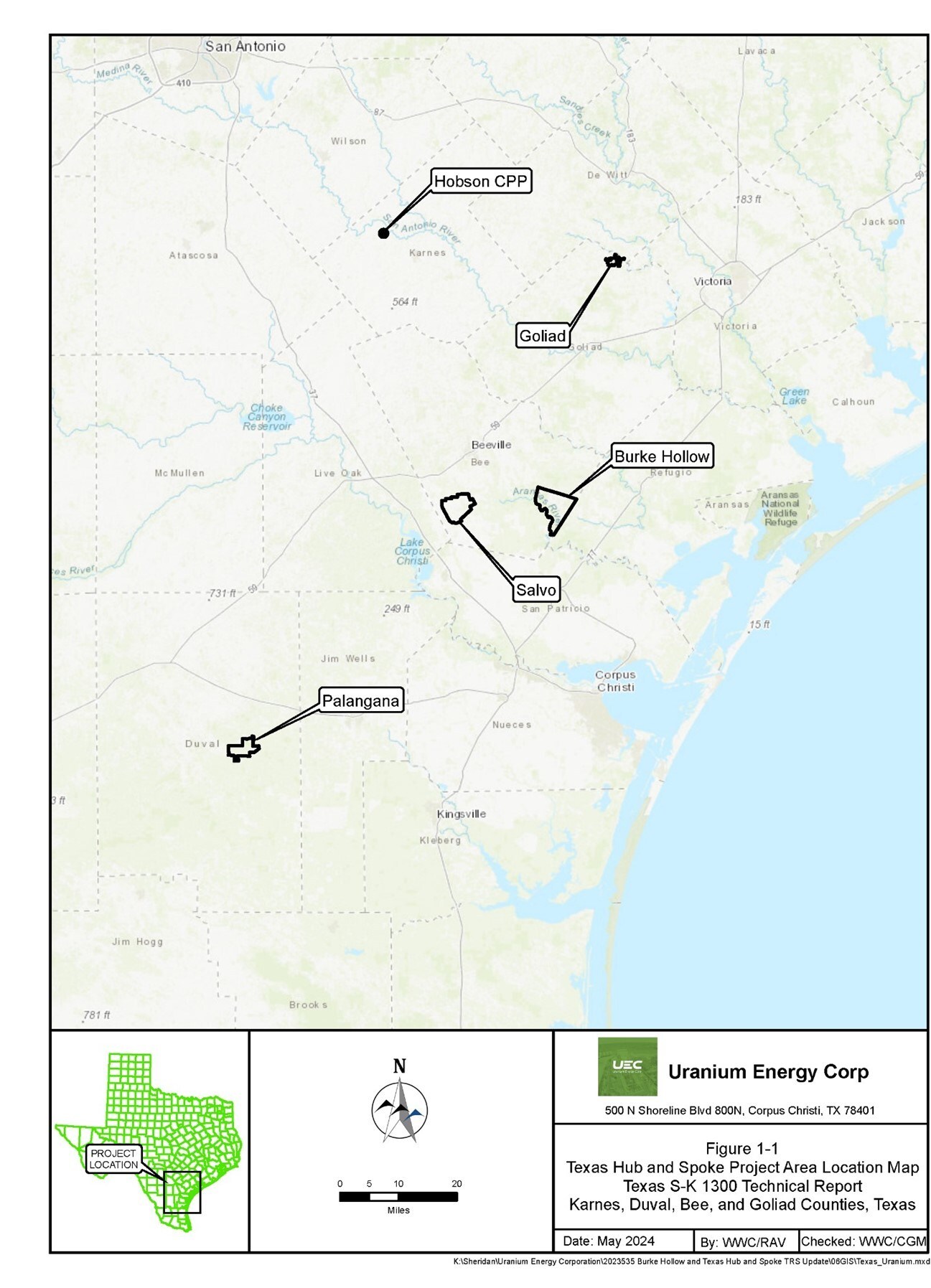 Figure 1-1 
Texas Hub and Spoke Project Area Location Map Texas S-K 1300 Technical Report 
Karnes, Duval, Bee, and Goliad Counties, Texas (CNW Group/Uranium Energy Corp)