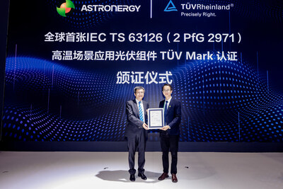 Jack Zhou (à direita), Chefe de Gerenciamento Técnico de Produtos Globais da Astronergy, recebeu o certificado IEC TS 63126 da empresa na SNEC em 13 de junho.