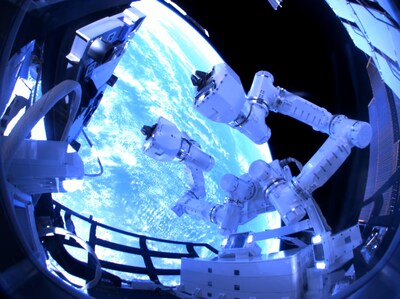 GITAI's 1.5-meter-long autonomous dual robotic arm system installed outside the International Spaced Station (ISS) Bishop airlock.