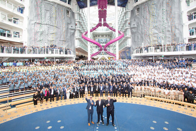 Royal Caribbean International welcomes the ultimate short getaway, Utopia of the Seas, to the family with a celebration at the Chantiers de l'Atlantique shipyard in Saint-Nazaire, France. In just five weekends, on July 19, the new vacation will be the first of its kind to debut with 3- and 4-night getaways from Port Canaveral (Orlando), Florida. Credit: sbw-photo
