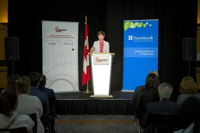 The Parliamentary Secretary to the Minister of Foreign Affairs, Pam Damoff delivers remarks at the 2024 INOVAIT Focus Fund Announcement hosted at Sunnybrook in Toronto, Canada. (CNW Group/INOVAIT)