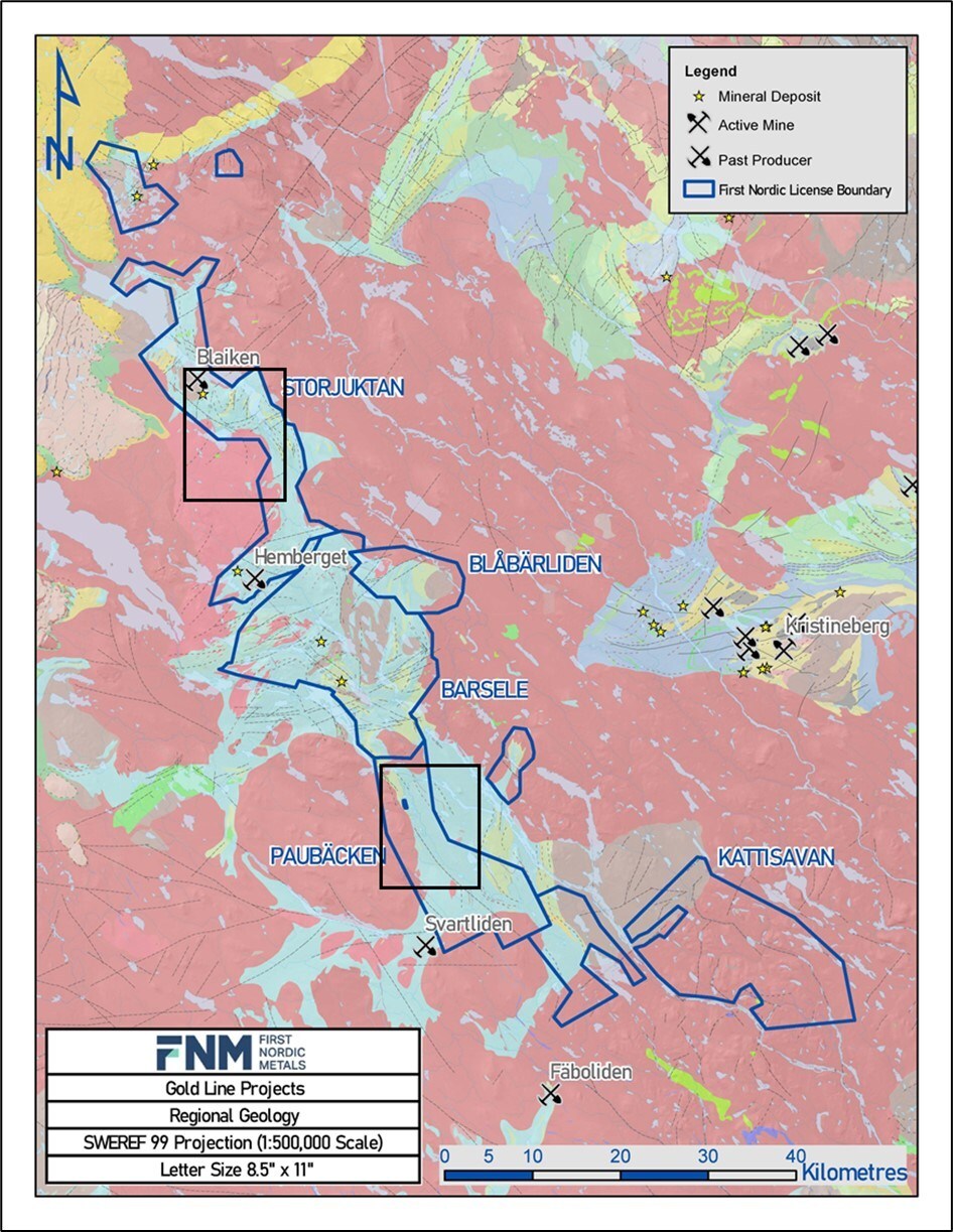 Figure 1: Gold Line Belt project area with regional geology, showing locations of 2023/24 exploration programs. (CNW Group/First Nordic Metals Corp.) Figure 1: Gold Line Belt project area with regional geology, showing locations of 2023/24 exploration programs. (CNW Group/First Nordic Metals Corp.)