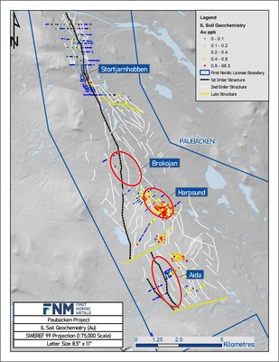 Figure 3: Map of Paubäcken project area showing historic ionic leach gold-in-till results (CNW Group/First Nordic Metals Corp.)