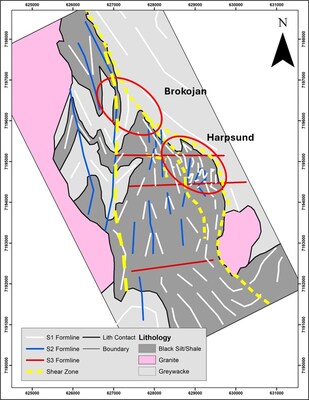 Figure 4: Geological map of the Harpsund structural corridor (CNW Group/First Nordic Metals Corp.)