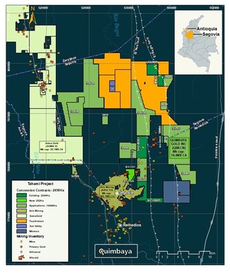 Figure 1: The map displays Quimbaya Gold's mining properties at the Tahami Project, including the newly secured title SE9-13331 (252.7 Ha) -in phosphorous green-, as well as neighboring properties in the region. (CNW Group/Quimbaya Gold Inc.)