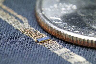UVA-developed chiplet directly attached to 2D textile network at a 180µm pitch. (image courtesy of Nautilus Defense)