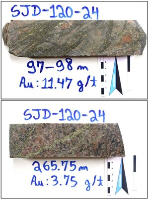 Figure 4 – São Jorge gold mineralization from drillhole SJD-120-24: (A) 11.47 g/t Au from 97.0 to 98.0 m downhole comprising intensely pyrite veined and silicified/brecciated monzogranite; and (B) 3.75 g/t Au from 265.0 to 266.0 m downhole comprising fracture-controlled sulphide veins displaying two principal structural orientations. (CNW Group/GoldMining Inc.)