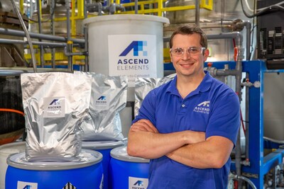 Ascend Elements Co-Founder and CTO Eric Gratz, Ph.D. with a shipment of decarbonized EV battery cathode material made from recycled lithium-ion batteries and scrap.