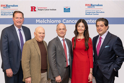 Pictured at the signing ceremony: (l-r) Richard L. Davis, President and CEO, Cooperman Barnabas Medical Center, Bruce Schonbraun, Chair, Board of Trustees, Cooperman Barnabas Medical Center, Anthony and Andrea Melchiorre, Mark E. Manigan, President and Chief Executive Officer, RWJBarnabas Health.
