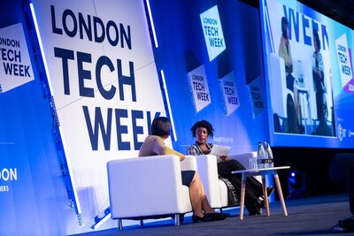 UrbanGeekz founder and CEO Kunbi Tinuoye moderating the fireside chat session titled, ‘Deep Tech from Wild West to Ethical East’, with Tara McGeehan, President of CGI UK and Australia at London Tech Week 2024