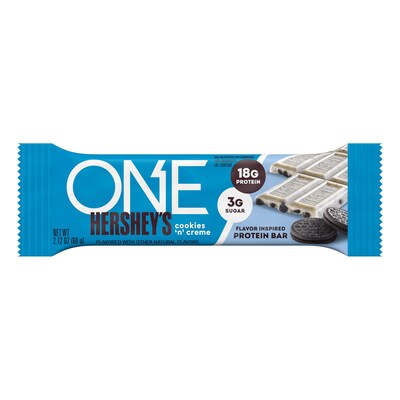 New ONE Hershey’s Cookies ‘n’ Creme flavor inspired protein bar, with 18 grams of protein and 3 grams of sugar.