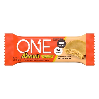 New ONE Reese’s Peanut Butter Lovers flavor inspired protein bar, with 18 grams of protein and 3 grams of sugar.