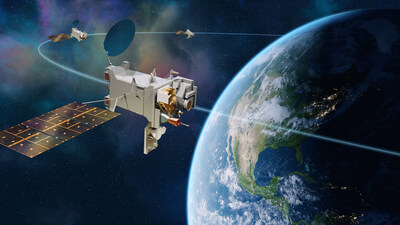 Concept art of NOAA's GeoXO weather satellite consellation being developed by Lockheed Martin.