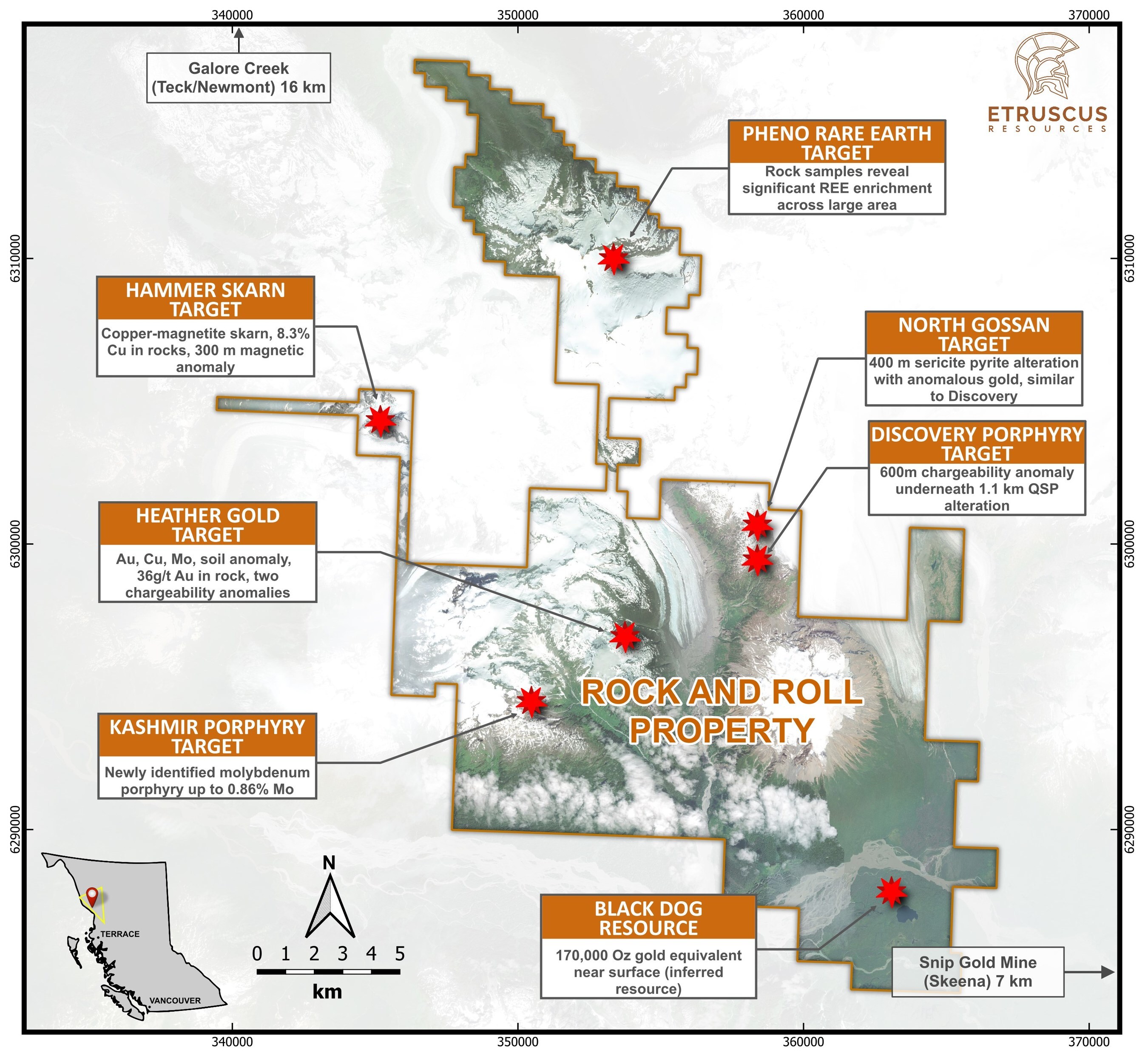 Figure 1- Map of Rock and Roll Property and Targets (CNW Group/Etruscus Resources Corp.) Figure 1- Map of Rock and Roll Property and Targets (CNW Group/Etruscus Resources Corp.)