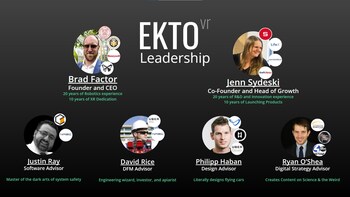 An infographic featuring the leadership team of EKTO VR, highlighting their roles and expertise with photos and logos of their previous affiliations.