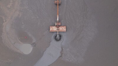 An aerial drone image of sediment as it is deposited on the Sturgeon Bank as part of efforts to increase resiliency of the coastline against sea-level rise. [Credit: Nathan Vadeboncoeur] (CNW Group/Ducks Unlimited Canada)
