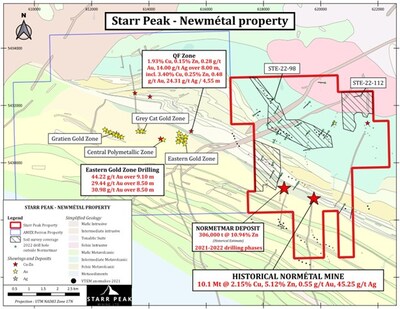 Figure 4: Geological Map of the NewMétal property locating 2023 soil survey coverage, with respect to Amex Exploration’s Perron Project (CNW Group/Starr Peak Mining Ltd.)