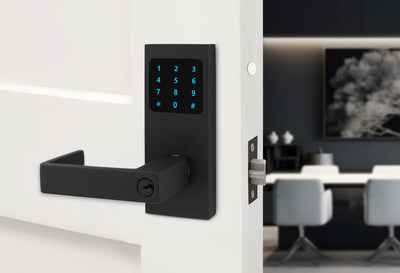 INOX introduces the Smart Cylindrical lock, shown here in C19 Black CeraMax finish with a 734 Kobe lever. Communicating through Bluetooth and Wi-Fi, the Smart Cylindrical includes an integrated RFID reader and a keypad that offers three types of passcodes. This lock meets code compliance for ANSI/BHMA 156.12 and UL 10B/10C with a 3-hour fire rating. The Smart Cylindrical lock is offered with eight elegant finishes for added strength and beauty, as well as an available antimicrobial coating.