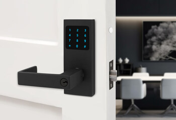 INOX introduces the Smart Cylindrical lock, shown here in C19 Black CeraMax finish with a 734 Kobe lever. Communicating through Bluetooth and Wi-Fi, the Smart Cylindrical includes an integrated RFID reader and a keypad that offers three types of passcodes.  This lock meets code compliance for ANSI/BHMA 156.12 and UL 10B/10C with a 3-hour fire rating.  The Smart Cylindrical lock is offered with eight elegant finishes for added strength and beauty, as well as an available antimicrobial coating.