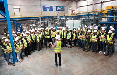 U.S. Department of Energy Secretary Jennifer Granholm addresses members of the American Battery Technology Company and tour guests at its commercial recycling facility and Nevada-based claystone integrated demonstration plant.