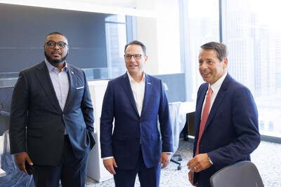Lieutenant Governor Austin Davis (left) and Governor Josh Shapiro (center) joined CEO Vincent Delie at F.N.B. Corporation’s new headquarters in the Hill District neighborhood of Pittsburgh. Photo courtesy of Commonwealth Media Services.
