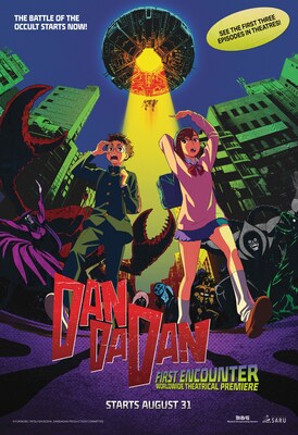 The theatrical poster for DAN DA DAN, featuring the leads, Momo and Okarun, and many of the paranormal creatures they'll encounter. Yukinobu Tatsu/SHUEISHA, DANDADAN Production Committee