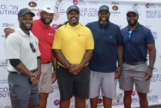 Former NFL players: Mike Adams (Carolina Panthers); Adalius Thomas Baltimore Ravens); Barrett Brooks (Philadelphia Eagles) and David Harris (New York Jets) join Willie Colon (New York Jets, Pittsburgh Steelers) and partners Lupus Research Alliance for 10th annual golf outing for lupus research.