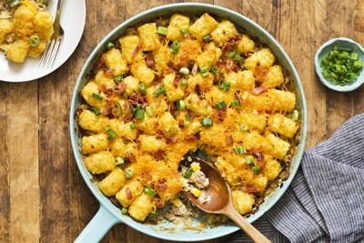 Delicious ground veal, flavorful bacon, corn, cheddar cheese, sour cream, and crispy tater tots make this Cowboy Casserole a family favorite!