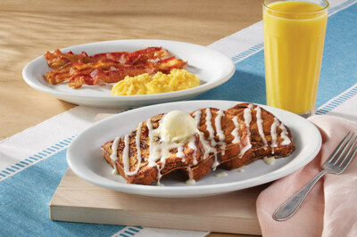 New Cinnamon Bread French Toast, available all-day, includes cinnamon streusel bread, hand-dipped in Cracker Barrel's signature batter and griddled golden brown and topped with rich cinnamon and cream cheese icings. Served with two eggs, plus choice of thick-sliced bacon or smoked sausage. *Available at select locations only.