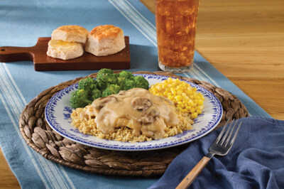 Cracker Barrel's Sunday daily special features new chicken and rice: baked chicken breast smothered with creamy mushroom gravy over seasoned buttery rice, served with two Country Sides and choice of hand-rolled buttermilk biscuits or corn muffins. *Available at select locations only.