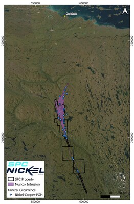 Figure 1: Regional satellite view of the Muskox Project area showing the location of Kugluktuk as well as regional Ni-Cu-PGM occurances. (CNW Group/SPC Nickel Corp.)