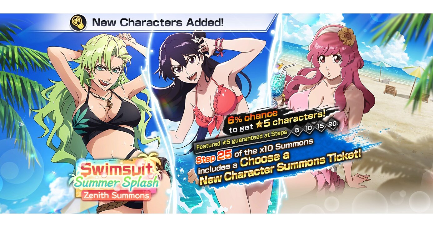 Bleach: Brave Souls Featuring New Characters Enjoying a Vacation in Swimsuits in the Swimsuit Zenith Summons: Summer Splash is Available from Sunday, June 30