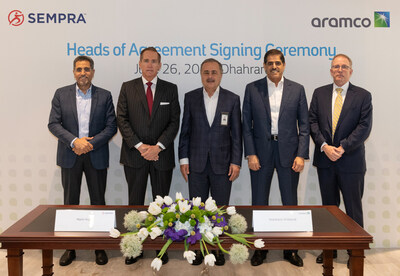 At the signing ceremony, from left: Aramco Executive Vice President of Gas Abdulkarim A. Al-Ghamdi, Sempra Chairman and CEO Jeffrey W. Martin, Aramco President & CEO Amin H. Nasser, Aramco Upstream President Nasir K. Al-Naimi, and Sempra Infrastructure President of LNG Martin Hupka.
