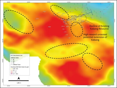 Figure 3: Zoomed in detail of the Kabang Resource area and the southwest of the Island. Key points to note are the newly identified geophysical anomalies (shown bold dotted ovals), coincident with anomalous Au/Cu surface rock samples, but have remained untested by drilling. (CNW Group/Adyton Resources Corporation)